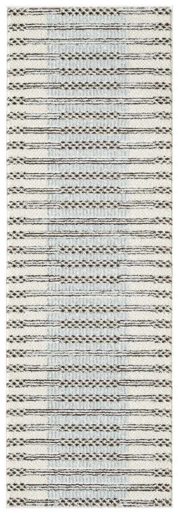 Close-up of Nourison Nordic Ivory Blue rug with chestnut brown horizontal stripes and geometric accents.
