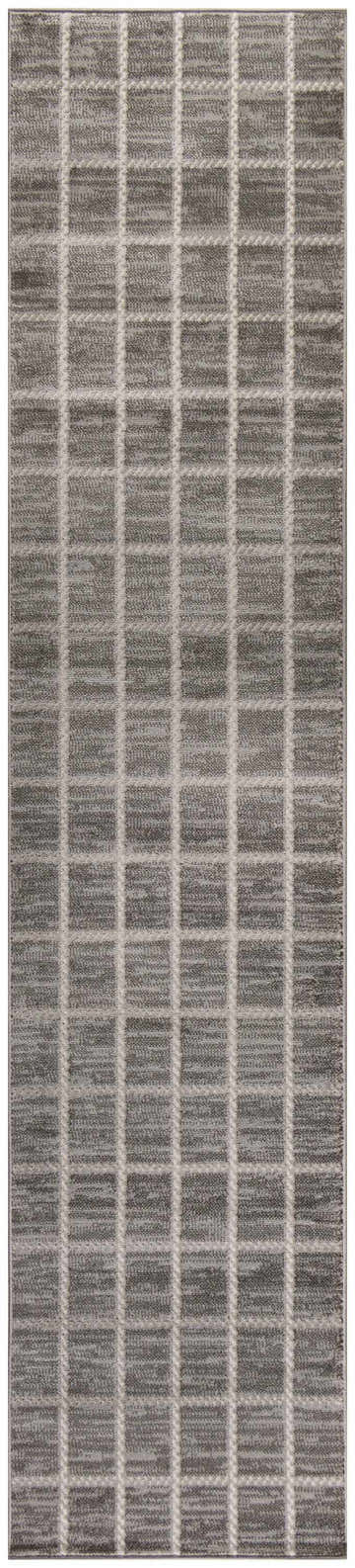 Close-up of the Nourison Serenity Home Grey Ivory rug, featuring a modern, high-pile design with chestnut-toned rectangles.