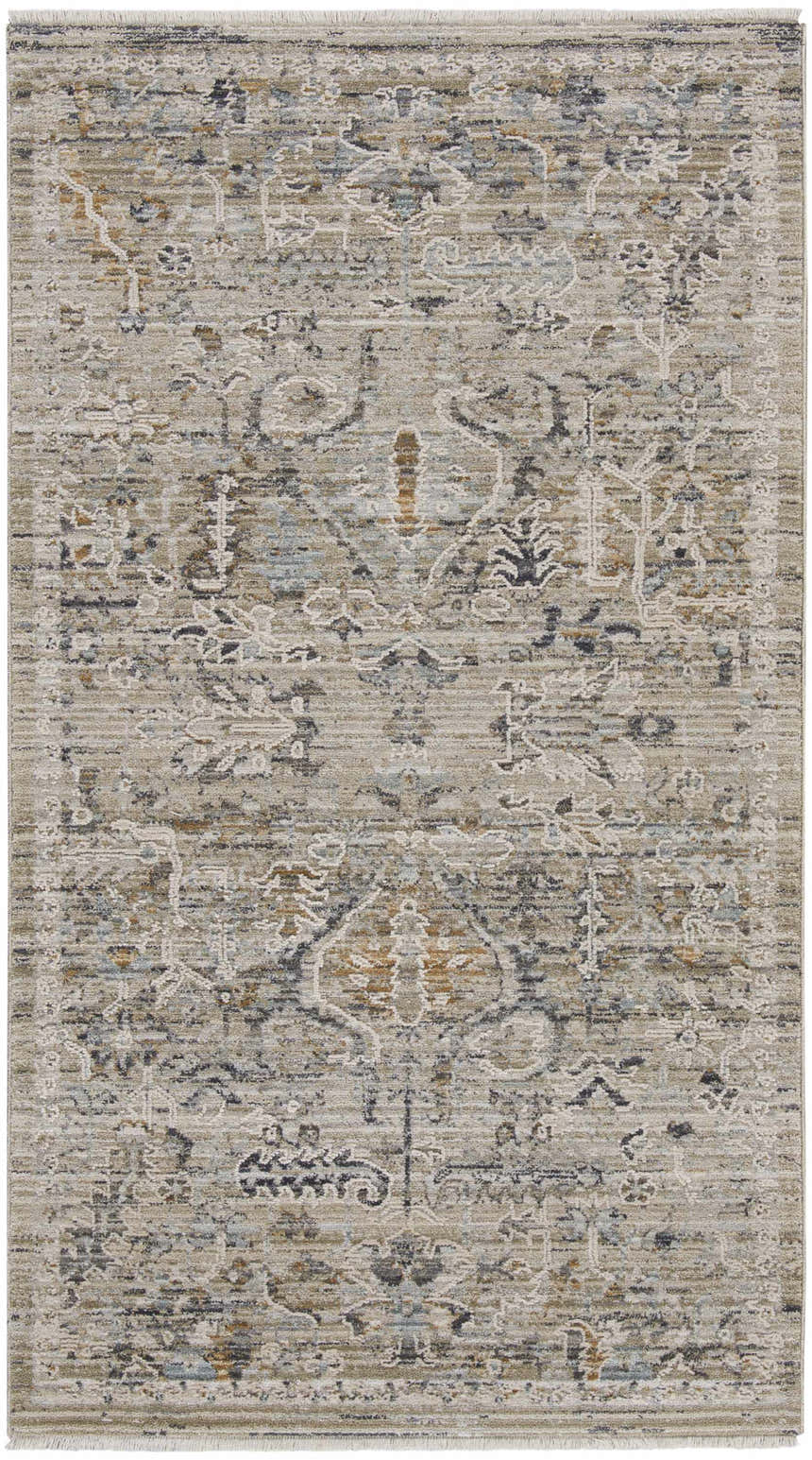 Close-up of the Nourison Lynx Ivory Taupe Vintage Area Rug. Features a distressed vintage pattern in ivory, taupe, and blue tones.