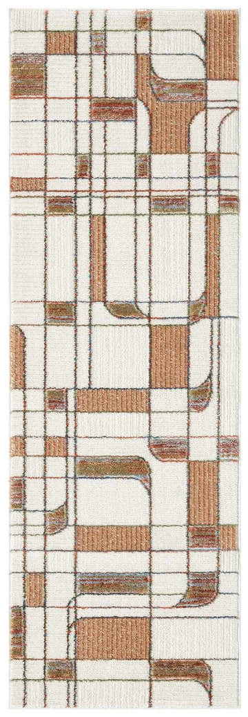Close-up of Nourison Nordic Ivory Rust rug. Mid-century modern design with chestnut, ivory, and grid pattern.
