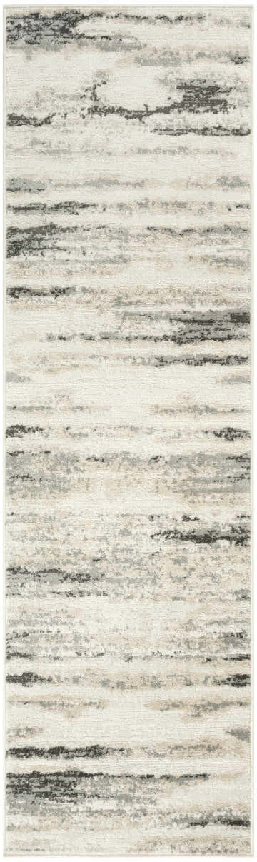Close-up of Nourison Serenity Home Grey Multicolor Area Rug with horizontal stripes in gray, beige, and white. High pile texture.