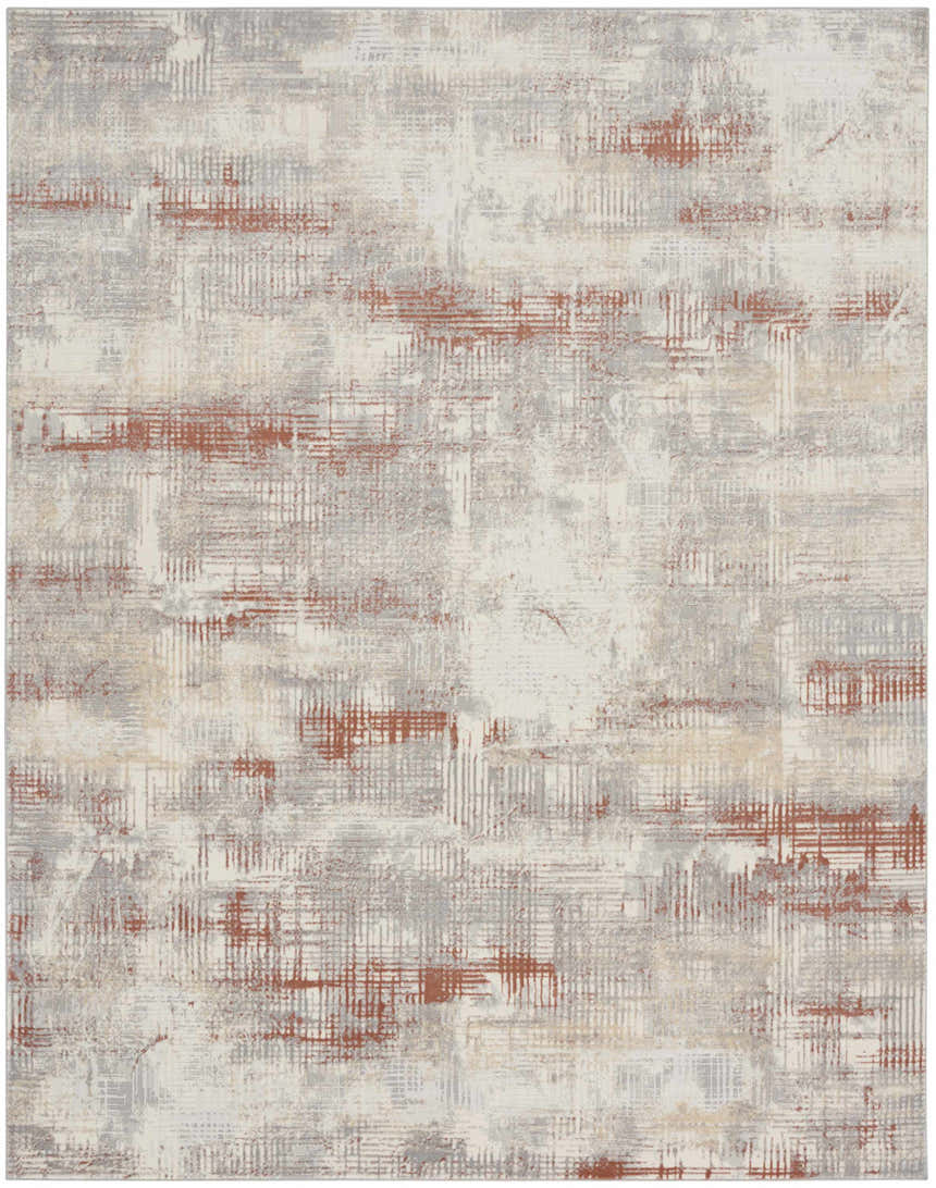 Close-up of Calvin Klein CK950 Rush rug. Ivory and multicolor mid-century modern design with chestnut accents. High pile texture.