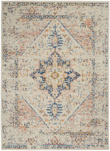 Close-up of Nourison Tranquil Ivory Multicolor Persian rug. Chestnut, navy, and gold hues in a distressed traditional pattern.