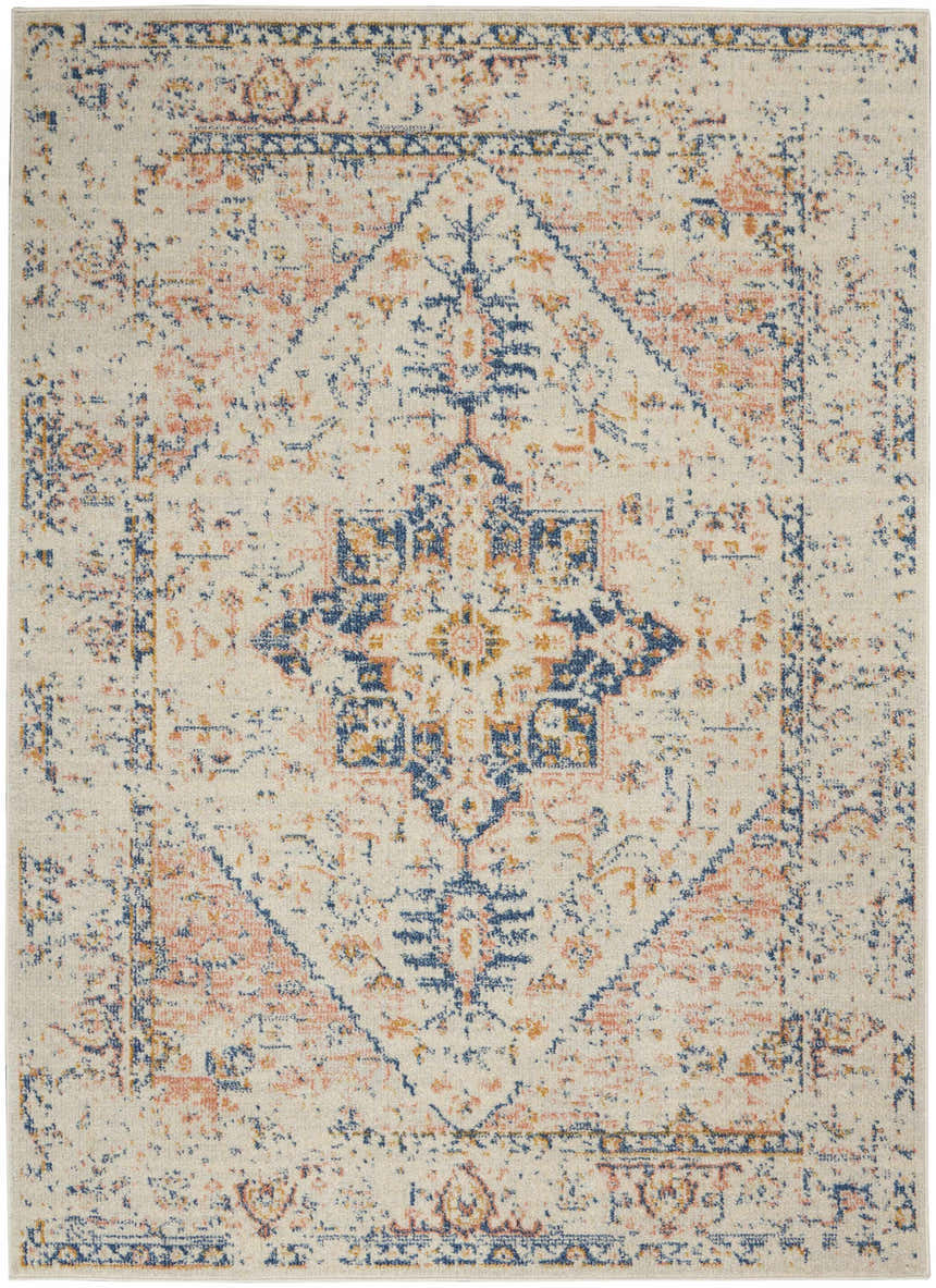 Close-up of Nourison Tranquil Ivory Multicolor Persian rug. Chestnut, navy, and gold hues in a distressed traditional pattern.