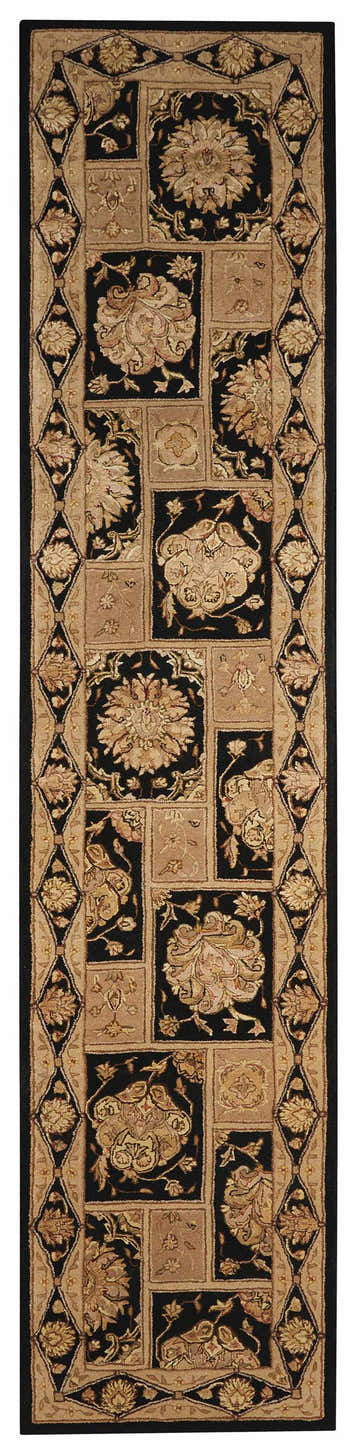 Close-up of the handmade Nourison 3000 Black runner rug featuring floral patterns in black and beige.