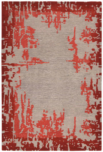 Close-up of Nourison Symmetry Beige Red Rug. Modern design with beige stripes and abstract red border pattern.