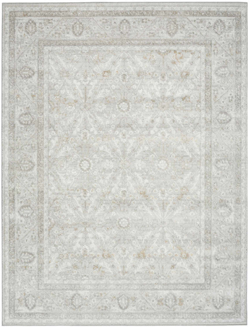 Close-up of the grey Nourison Dekor vintage rug featuring a subtle, ornate pattern and soft, high-pile texture.