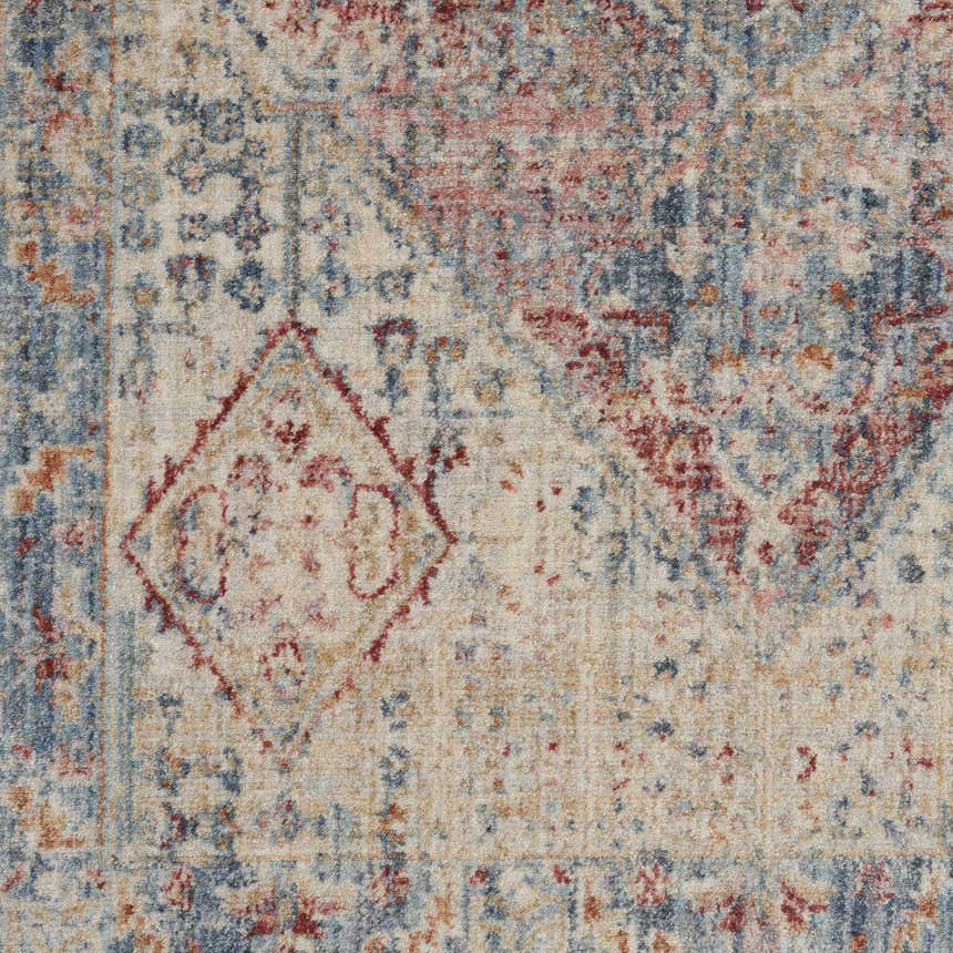 Close-up of the Nourison Homestead Blue Grey rug showing its farmhouse design, blue, gray, and red colors.