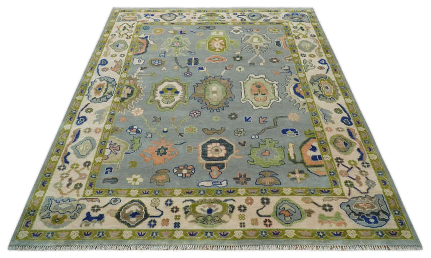 Vibrant Colorful Silver, Green and Light Peach Hand knotted Oushak wool Area Rug