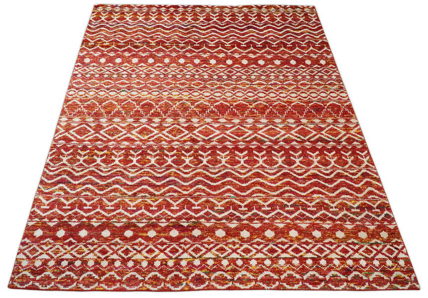 4x6 and 8x10 Hand Knotted Rust, Gold and White Modern Contemporary Southwestern Tribal Trellis Recycled Silk Area Rug | OP5