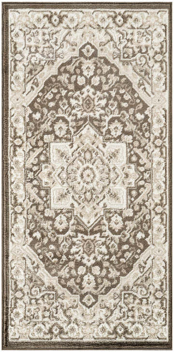 Close-up of the Nourison Dekor Brown Ivory Vintage Indoor Area Rug, showcasing its floral medallion pattern and high pile texture.