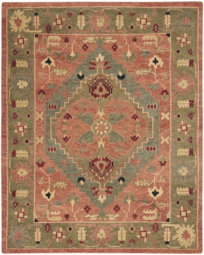 Detailed Nourison Tahoe Rust area rug. Traditional floral and geometric pattern in rust, green, and beige wool.