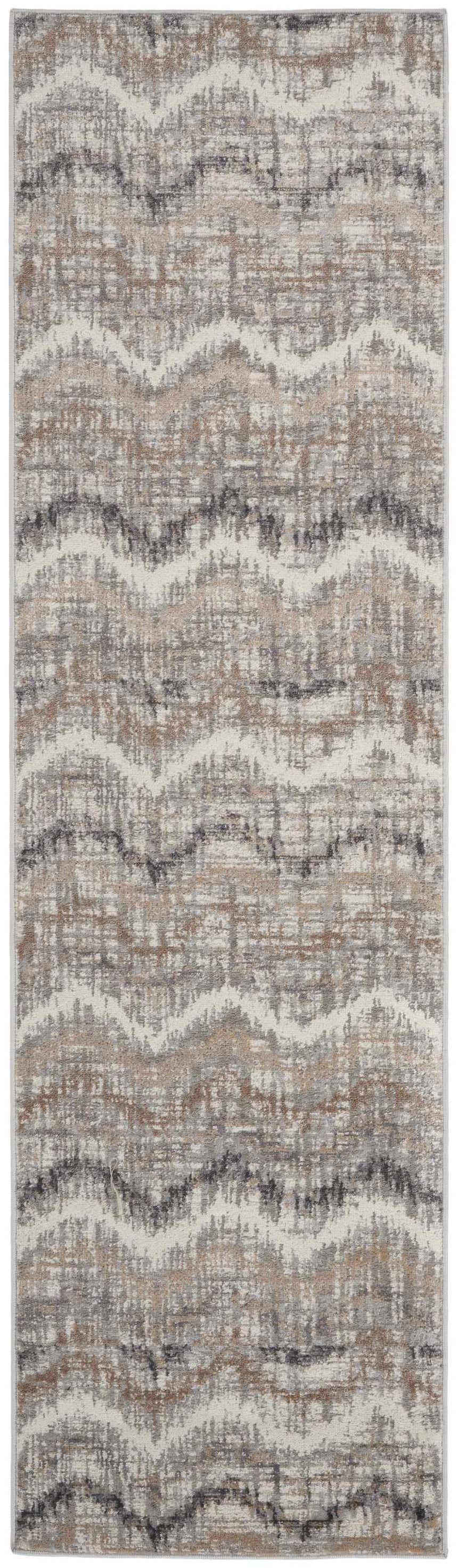 Close-up of the Nourison Elation Grey Ivory rug, featuring a modern, high pile with chestnut, grey, and ivory hues.