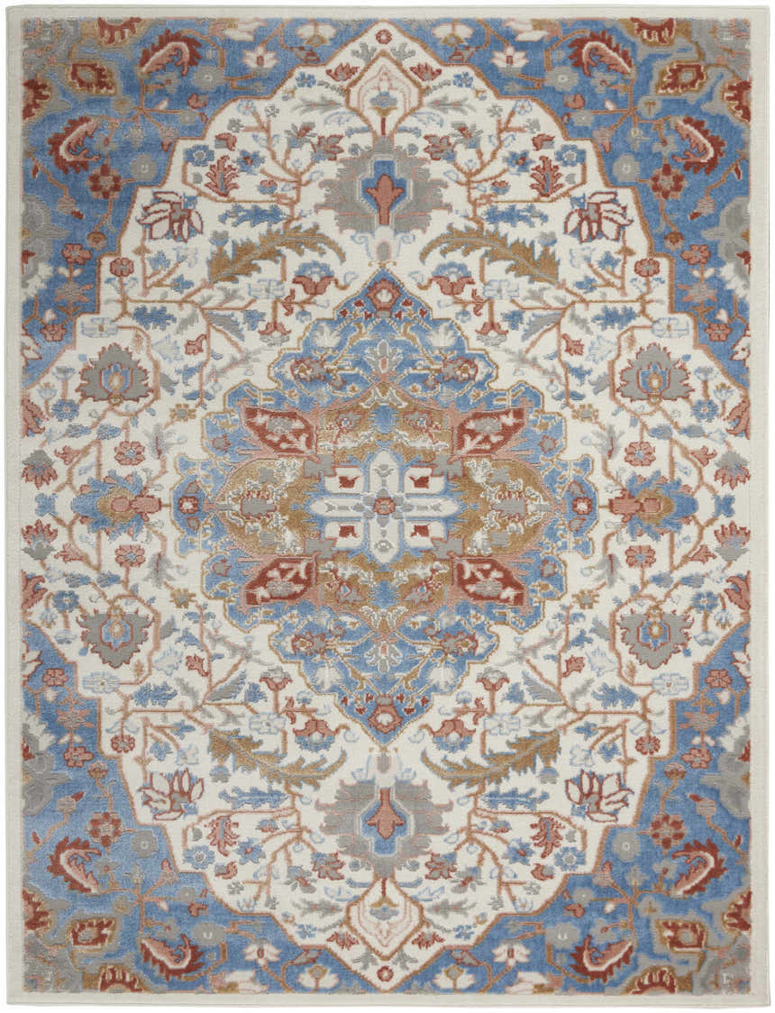 Close-up of Nourison Elation Ivory Blue rug. Transitional design with chestnut accents and a high pile texture.