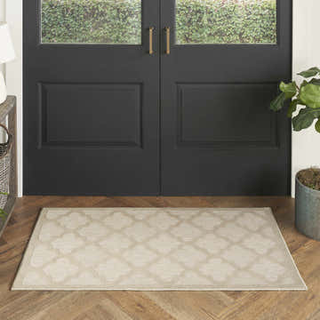 Entryway with a Nourison Easy Care Cream Modern Area Rug, black door, wood floors, and potted plant.