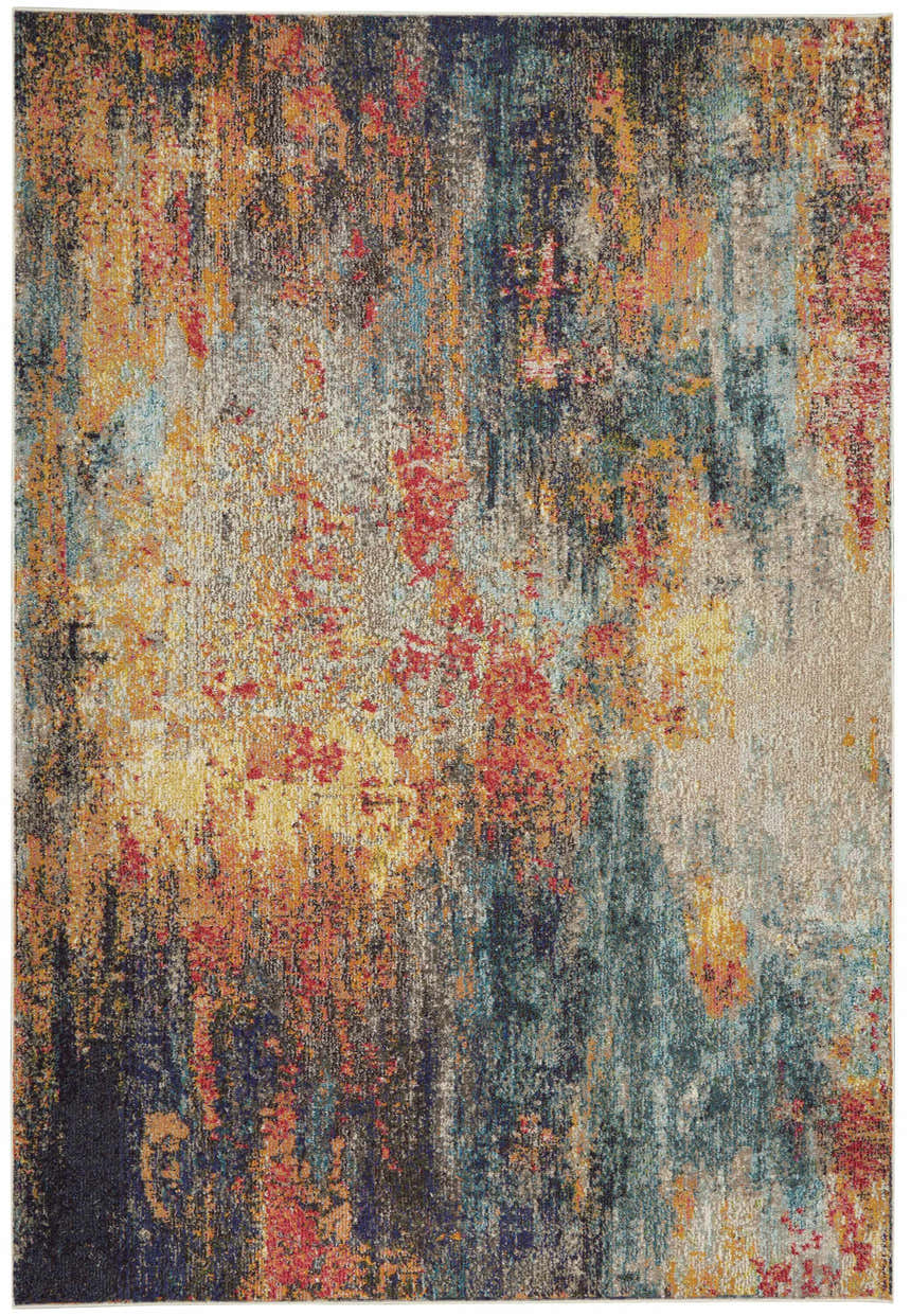 Abstract Nourison Celestial Multicolor rug with red, blue, gold, and gray hues. Modern design.