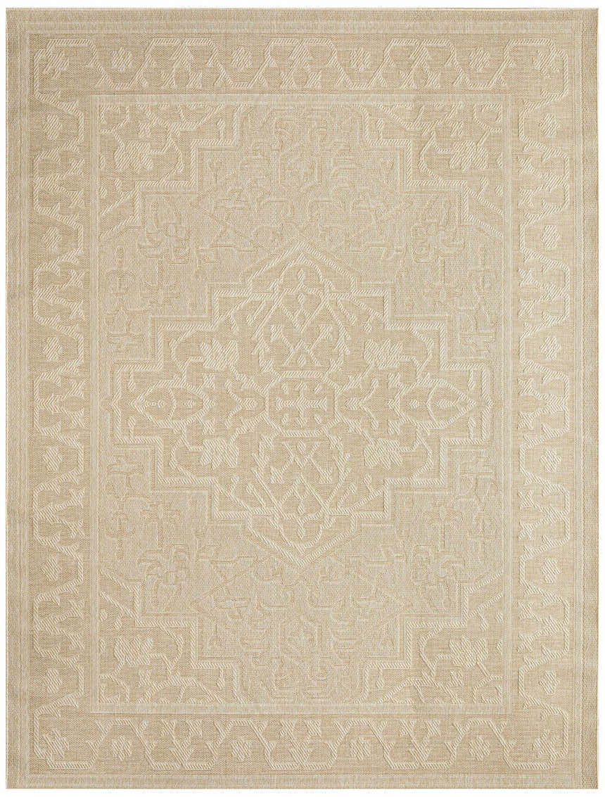 Close-up of a cream Nourison Tulum Outdoor Area Rug with a geometric pattern and textured weave.