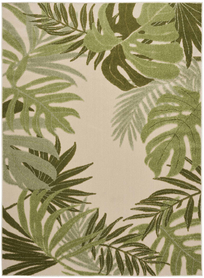 Close-up of Nourison Aloha Ivory Green Outdoor Area Rug with a tropical leaf pattern in shades of green on a beige background.