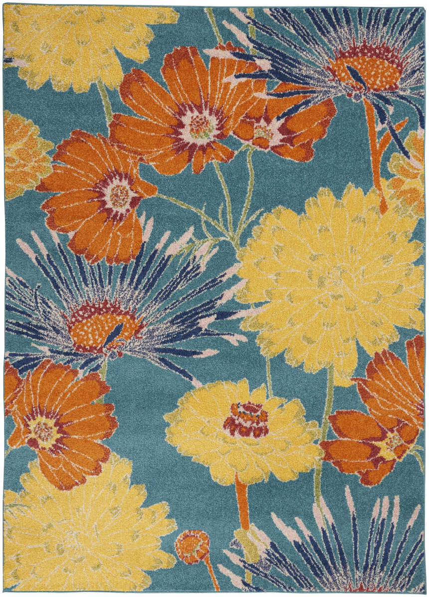 Close-up of Nourison Allur Turquoise Multicolor rug. Floral pattern with orange, yellow, and navy on a turquoise background.