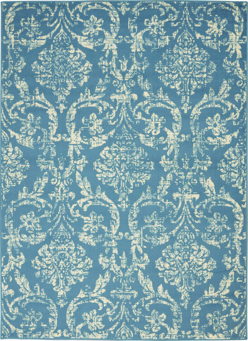 Close-up of the Nourison Jubilant Blue Vintage Area Rug featuring a light blue and ivory damask pattern.