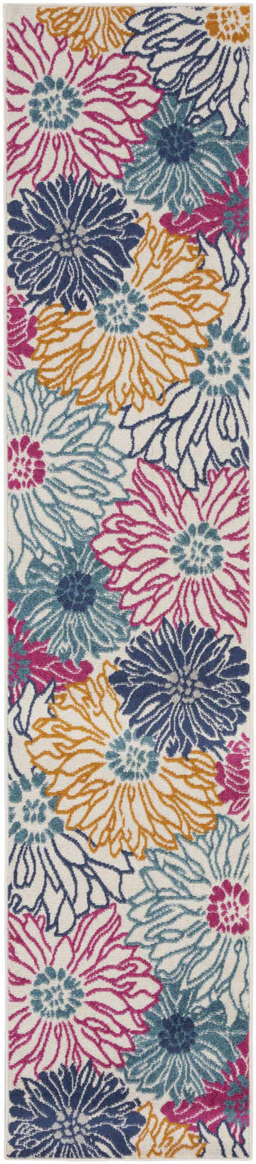 Close-up of Nourison Passion Ivory Multicolor Rug. Floral pattern in chestnut, blue, and pink on a cream background.
