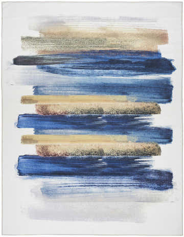 Close-up of Nourison Blue Multicolor rug featuring a modern, abstract design with horizontal brushstrokes.