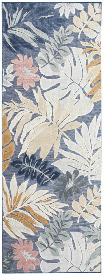 Close-up of Nourison Suncoast Denim Multicolor Tropical Area Rug. Features a blue background with white, beige, and pink floral and leaf pattern.
