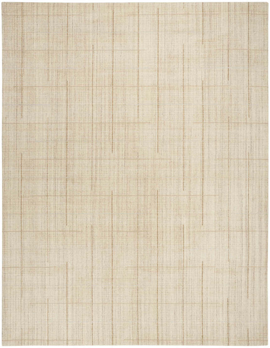 Close-up of the Calvin Klein CK041 Architectura Natural rug. Farmhouse style with a brick red, linear pattern and wool texture.