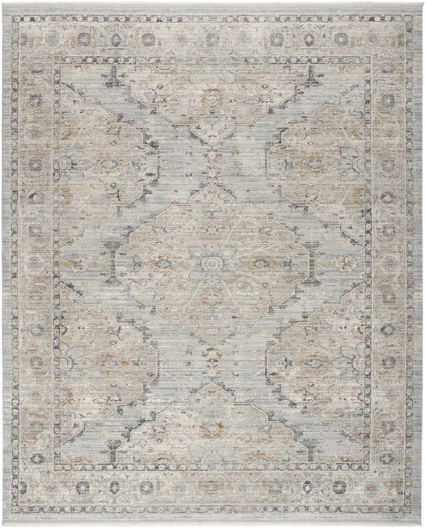 Close-up of the Nourison Lynx Light Blue Vintage Indoor Area Rug, featuring a distressed traditional pattern and high pile texture.