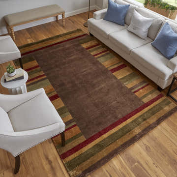 Living room scene with Feizy Keystone Modern Stripes rug in brown, green, and red. Casual, contemporary style. Roomscene-Rectangle