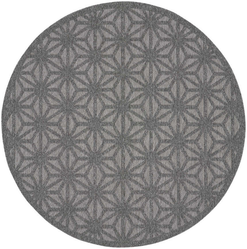 Round Nourison Cozumel Dark Grey rug featuring a geometric star pattern in shades of medium gray.