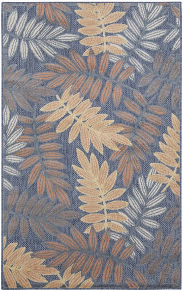 Close-up of the Nourison Aloha Blue Rose Area Rug, featuring a modern leaf pattern in blue, rose, and cream.