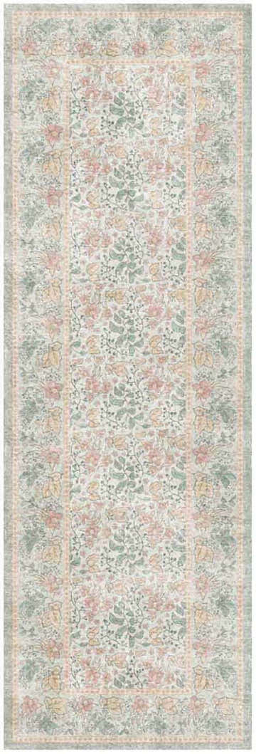 Close-up of Nourison Botanical Green Multicolor Farmhouse Rug. Floral pattern with green, pink, and yellow flowers.
