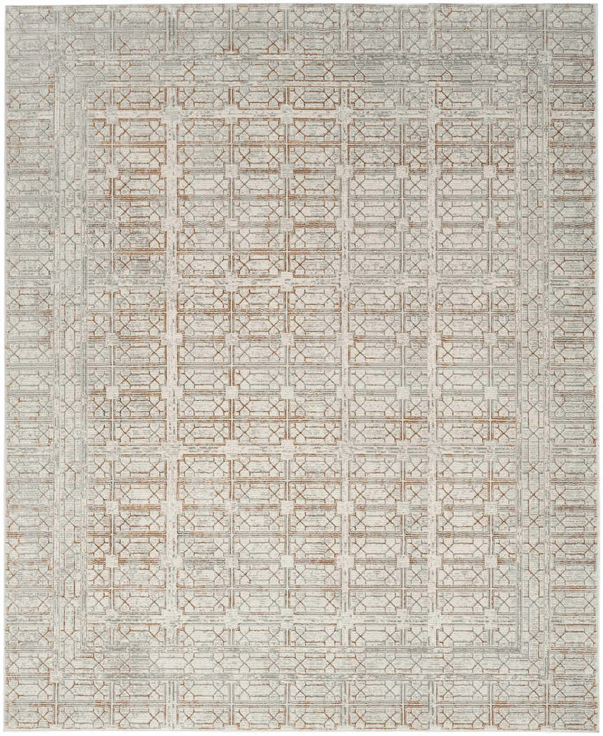 Close-up of the Nourison Desire Ivory Beige Rug. Features a geometric pattern in chestnut and gray on an ivory background.