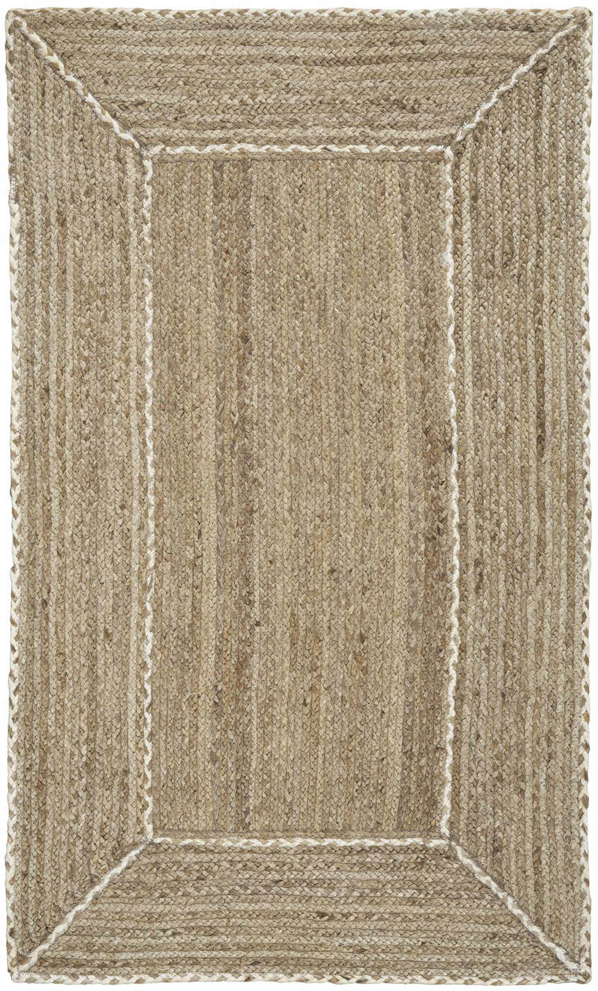 Close-up of the woven texture and light gray color of the Nourison Terrazzo Jute Farmhouse Area Rug.