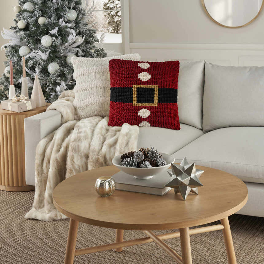 Mina Victory Holiday Pillows Loop Santa Belt Red Indoor Throw Pillow