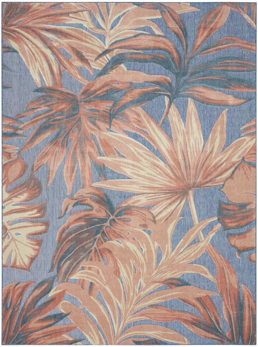 Close-up of the Nourison Aloha Blue Rose rug featuring a large-scale tropical leaf pattern in blue and rose.