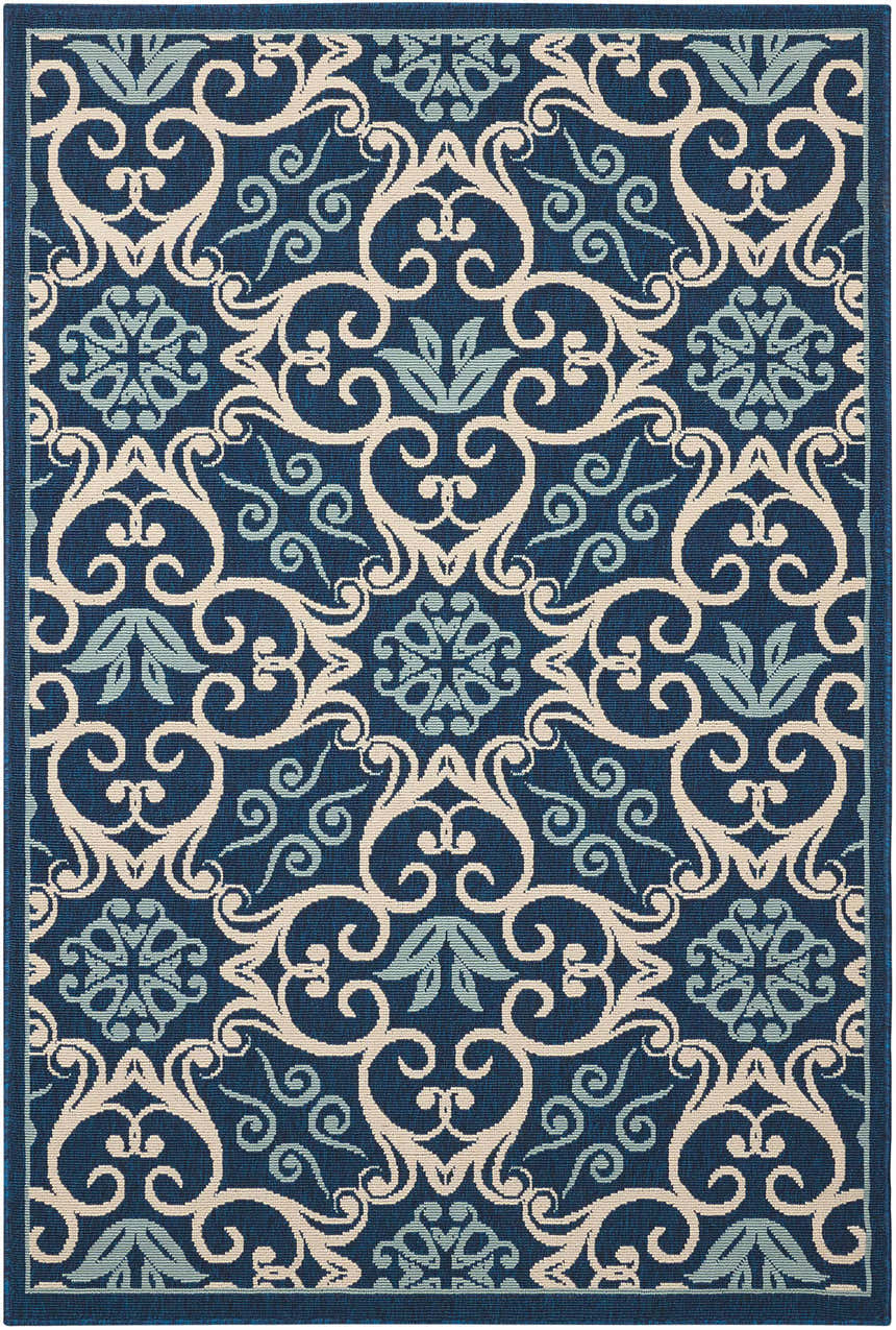 Close-up of Nourison Caribbean Navy Contemporary Area Rug featuring floral and scroll pattern in navy, cream, and light blue.