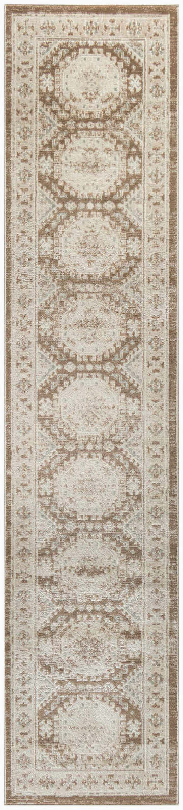Close-up of Nourison Serenity Home Ivory Mocha Vintage runner rug, featuring chestnut, high pile, and machine-made construction.