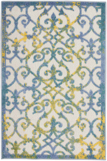 Close-up of Nourison Aloha Ivory Blue Outdoor Area Rug featuring a chestnut, blue, and ivory floral pattern.