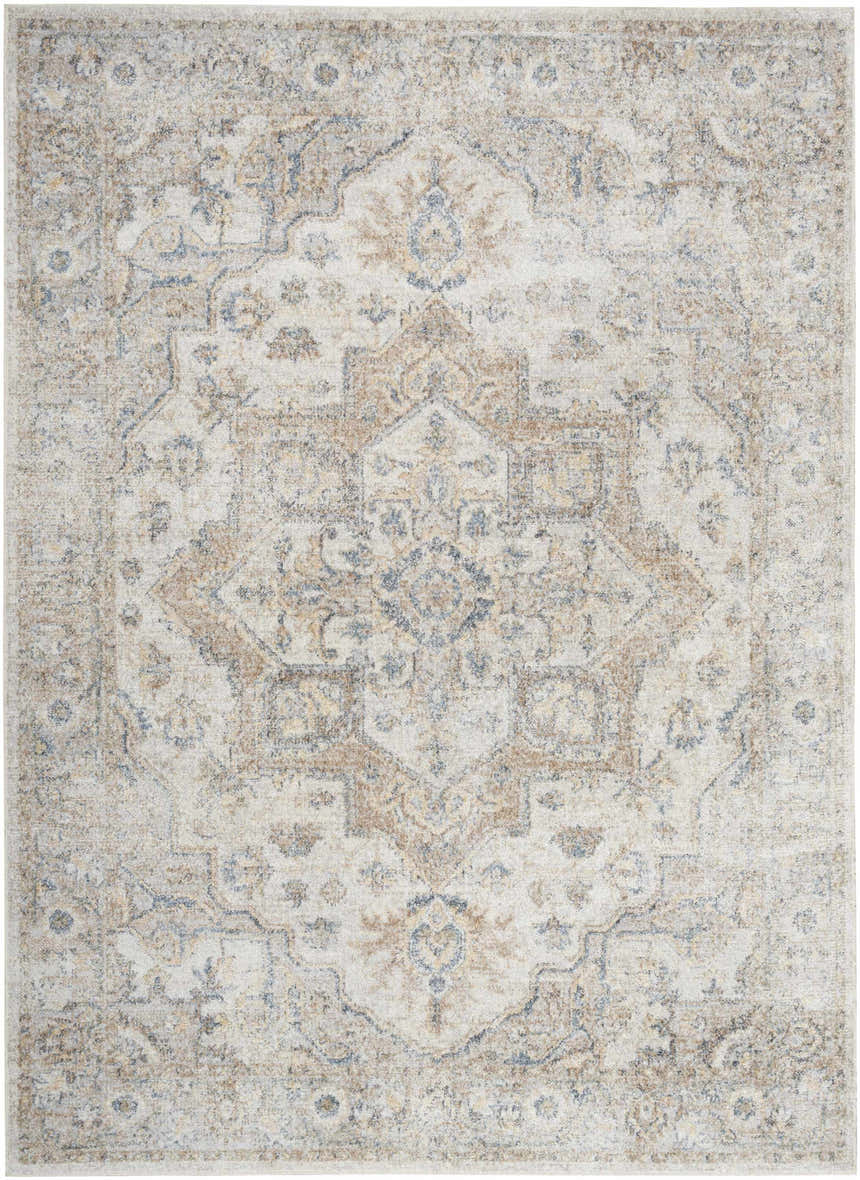 Close-up of Nourison Astra Silver Grey rug. Vintage design with silver, gray, blue, and tan tones. Machine-made texture.