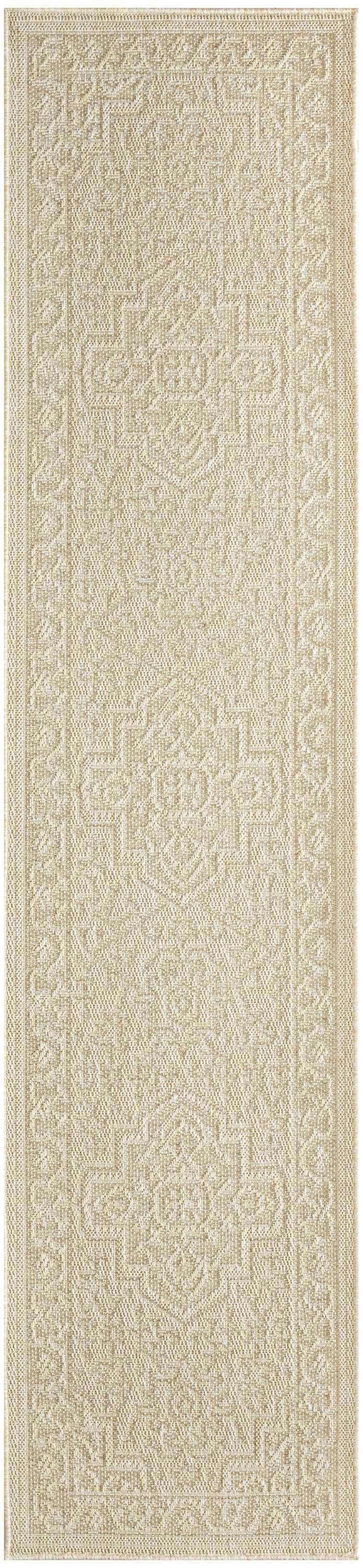 Close-up of the Nourison Tulum Cream Outdoor Area Rug, showing the pile, texture, and geometric pattern.