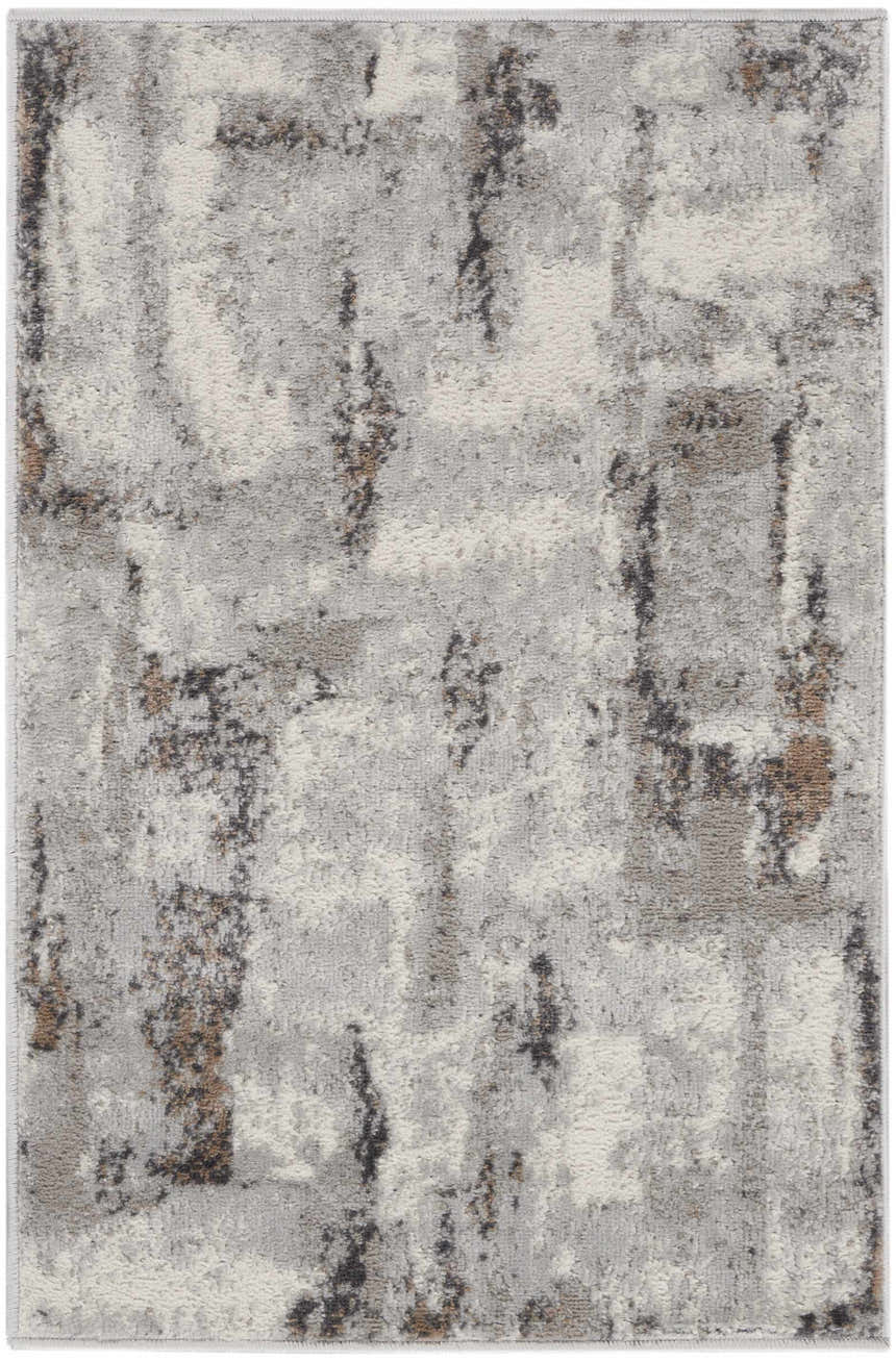 Close-up of the high-pile Nourison Elation Grey Ivory area rug with a modern abstract design and chestnut accents.