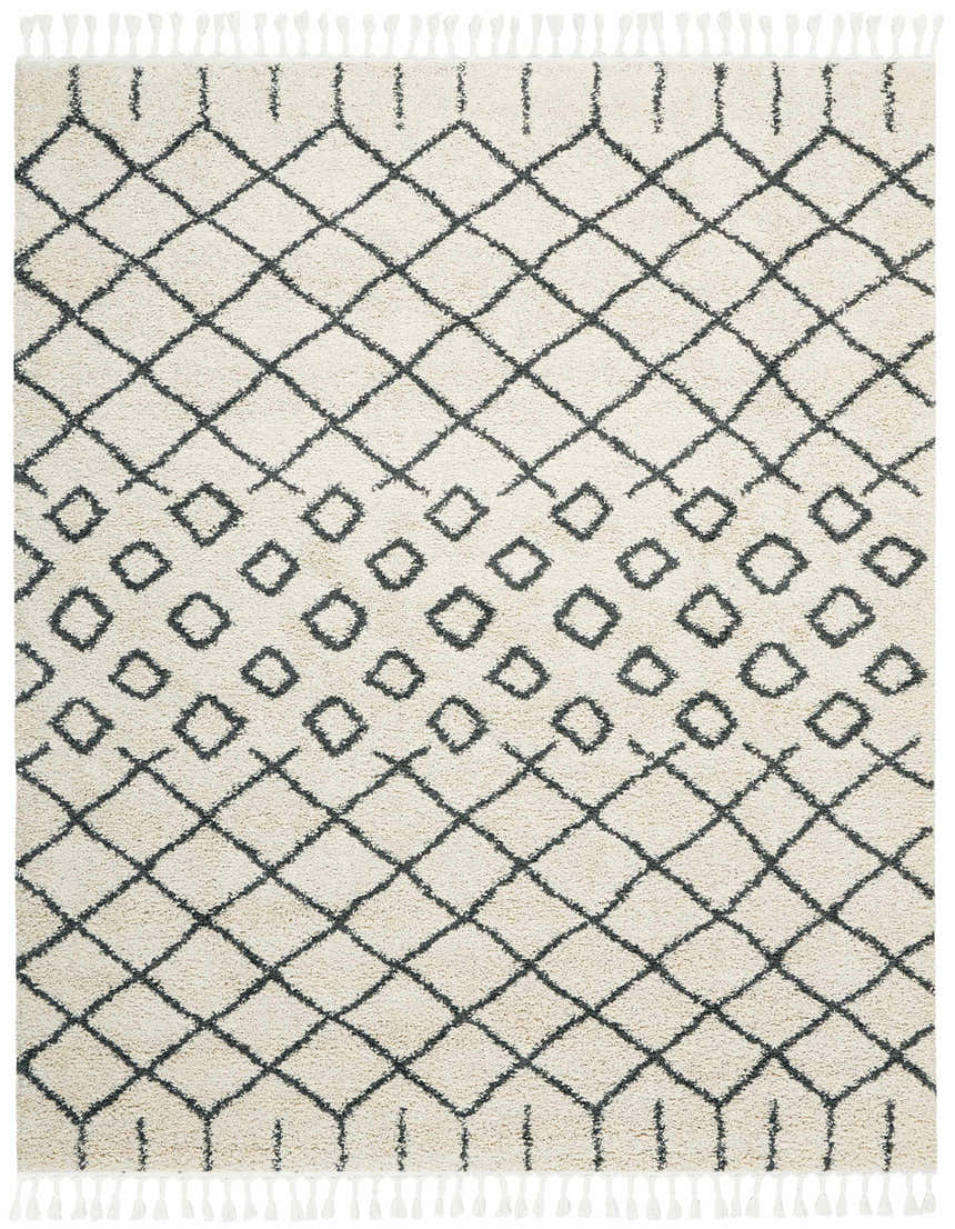 Close-up of Nourison Moroccan Shag Cream Tribal rug featuring diamond pattern and tassels. Soft, textured shag rug.