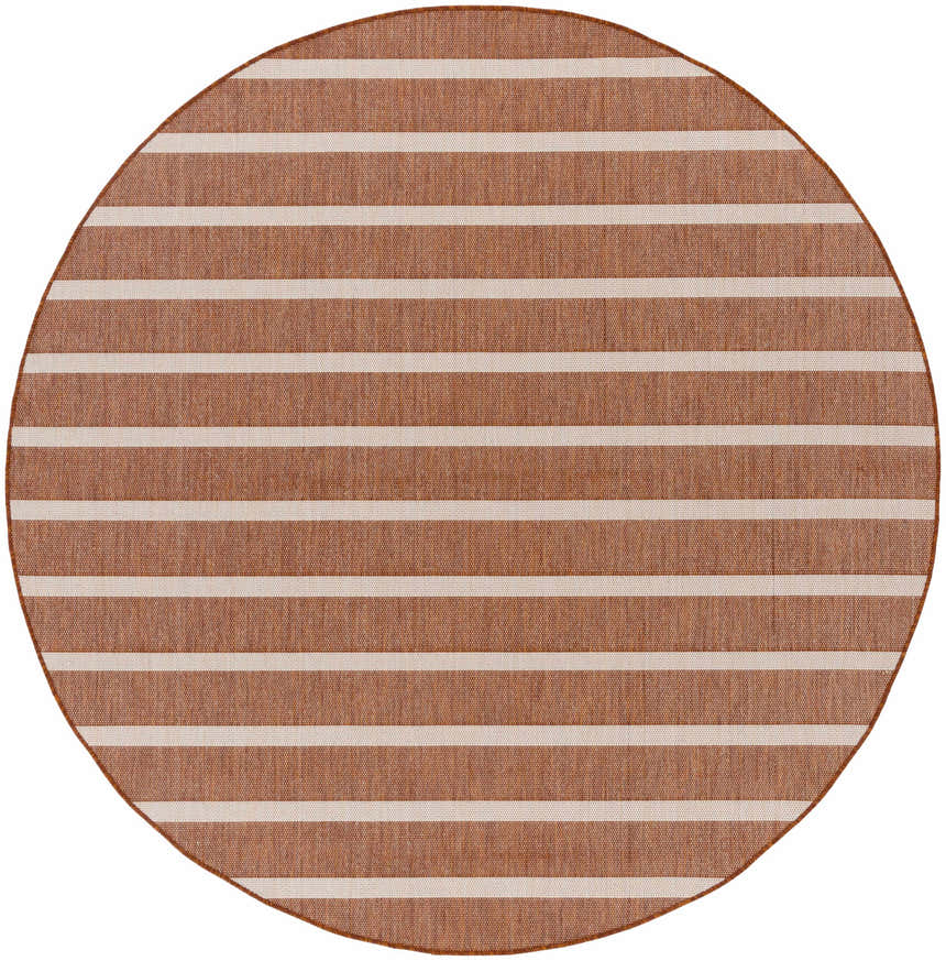 Close-up of round Nourison Positano Terracotta Ivory rug with a modern, horizontal stripe pattern.