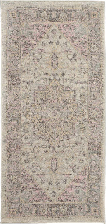 Close-up of Nourison Tranquil Ivory Pink Vintage Area Rug. Chestnut, pink, and ivory distressed design.