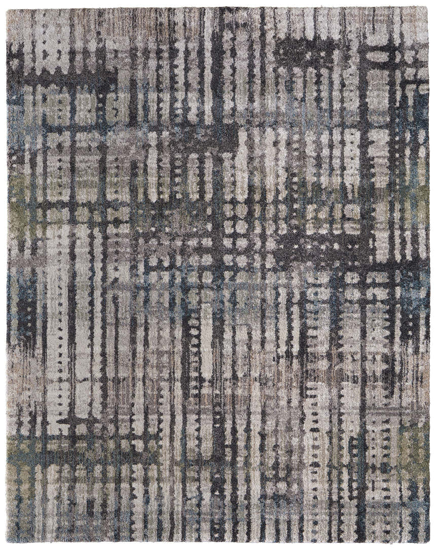Feizy Skyview rug: Modern abstract design in gray, black, and ivory. Machine-made polypropylene rug with a subtle pattern. Design-Rectangle