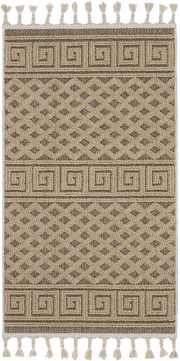 Close-up of Nourison Paxton Mocha rug. Light brown with geometric and diamond patterns, plus tassels. Contemporary style.