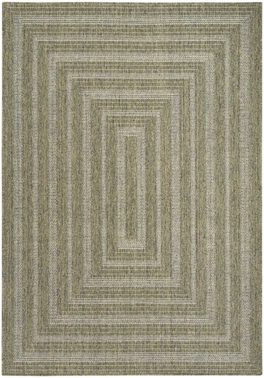Close-up of the Nourison Tulum Olive Outdoor Area Rug featuring a concentric square pattern and textured pile.