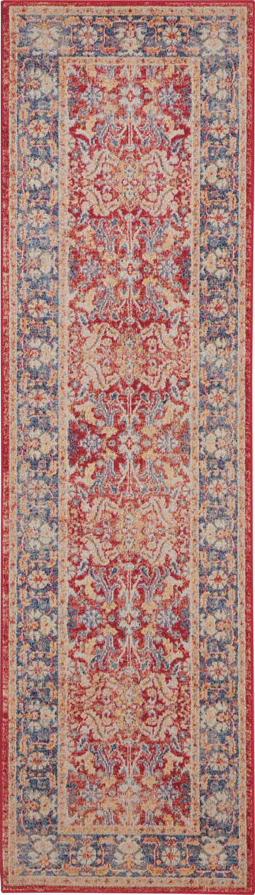 Close-up of the Nourison Ankara Global Red Vintage Indoor Area Rug, featuring a distressed floral pattern and blue border.